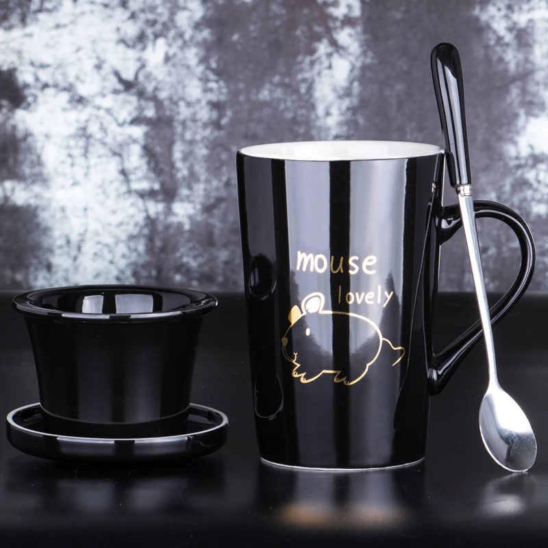 Креативная мультяшная 12 зодиакальная керамическая чашка индивидуальная чайная чашка с крышкой Ложка кофейная чашка офисная чайная чашка - Цвет: Черный