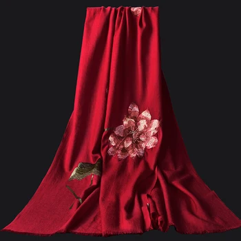 

Women 100% Wool Scarves Embroidery Shawls and Wraps for Wedding Ladies Festive Winter Pashimina Echarpe Bride Red Wool Scarf