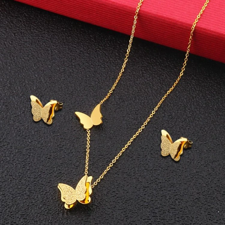 Oly2u Stainless Steel Gold Matte Butterfly Chain Necklaces Collares Naszyjnik Delicate Bridal Wedding Jewelry Sets for Women | Украшения и