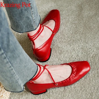 

Krazing pot fashion genuine leather low heels ankle lace up square toe ballet dancer shoes sweety lovely women wedding pumps L72