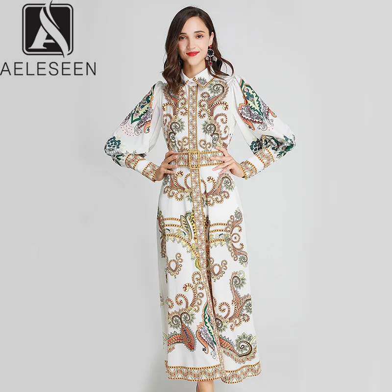 

AELESEEN New 2019 Autumn Elegant Vintage Runway Print Long Dresses Women Lantern Sleeve Single Breasted Shirt Dress With Sashes