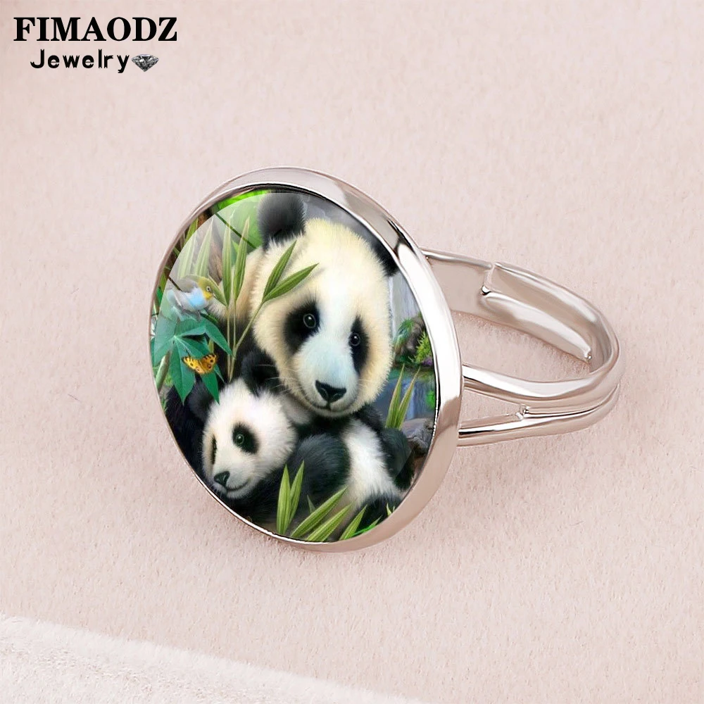 FIMAODZ Cute Panda Ring Fashion Baby Glass Cabochon Adjustable Rings for Women Kids Kawaii Animal Jewelry Gifts | Украшения и