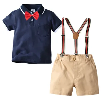 

2pcs Baby Boy Gentleman Outfit Formal Clothes Party Short Sleeve Bow Tie T-shirt + Suspender Shorts Cotton Kids Boy Clothes Set