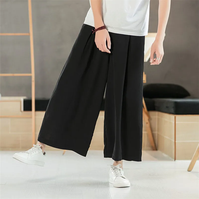 Men Vintage Wide Leg Pants Cotton Joggers Pockets Elastic Waist Solid Baggy Trousers Men Streetwear pus size Pants 6XL 7XL 8XL