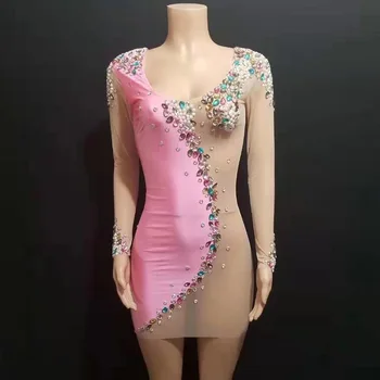 

Big Rhinestones Pearl Pink Mesh Perspective Short Mini Dress Prom Birthday Party Dresses Nightclub Evening Stage Outfits DT1621