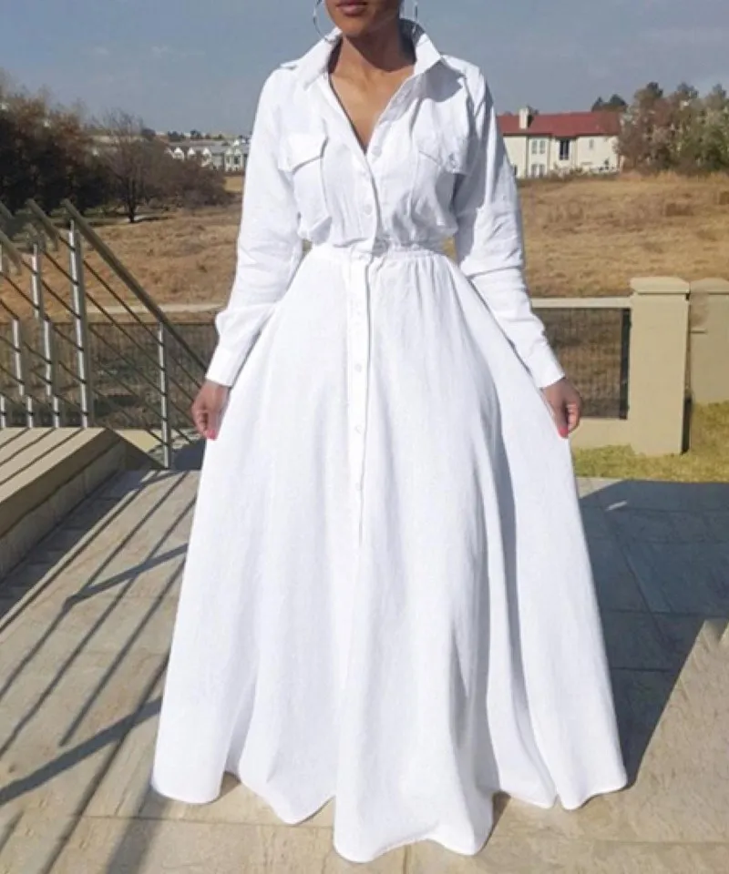 

Plus Size 2019 Spring Long Sleeve Shirt Dresses Women Cotton Maxi Long Dresses Large Size Ladies White Dress