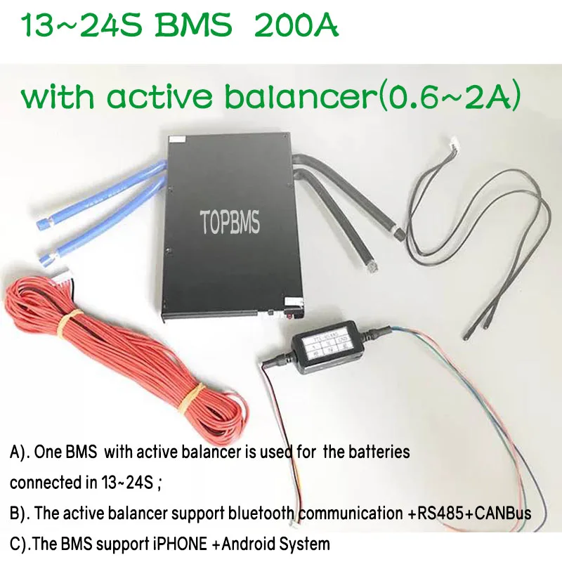 

13-24S BMS 200A with active balancer (0.6A-2A) bluetooth RS485 CAN for Li-ion /LiFePo4/LTO batteries connected in 13-24series