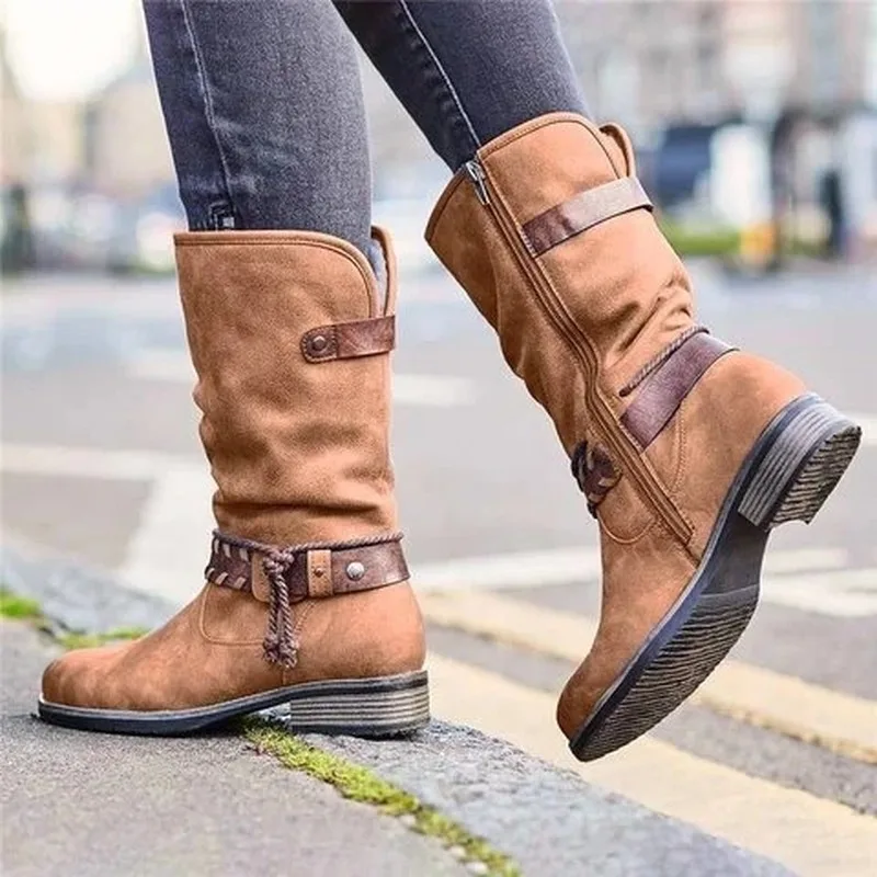 Botas de media caña para Mujer, Zapatos de tacón bajo, botines cálidos de gladiador de piel sintética, calzado para Mujer