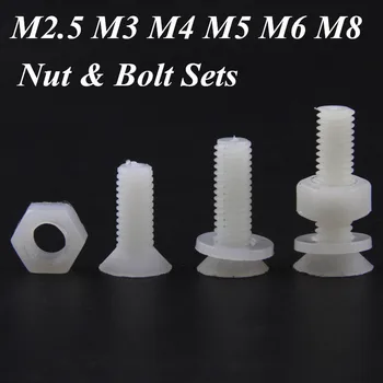 

25 Sets Nylon Nut Bolt Sets White Plastic Insulation Flat Head Phillips Cross Recessed M2.5 M3 M4 M5 M6 M8 Screw Washers