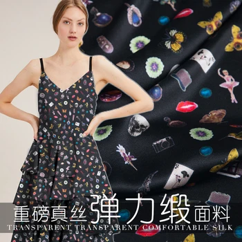 

19 Autumn New 140cm Wide 19momme 94%silk 6%spandex Charmeuse Brand Fabric Printed Cloth for Women Dress Diy Sewing Free Shipping