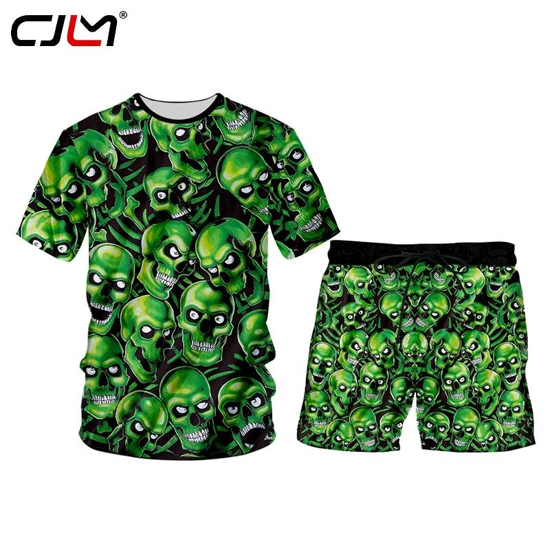 CJLM 3D digital printing Set Outdoors Quick Drying Green skull Short Sleeve 2 Piece Set Tank Tops and Shorts Men Breathable men s basketball vest quick drying basketball suit free custom logo printing men s sportswear training breathable running set