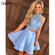 Светло-Небесно-голубые платья для выпускного вечера из двух частей с высоким воротом, кружевное атласное платье с открытой спиной, Королевский синий цвет для вечеринок, красное короткое платье на выпускной