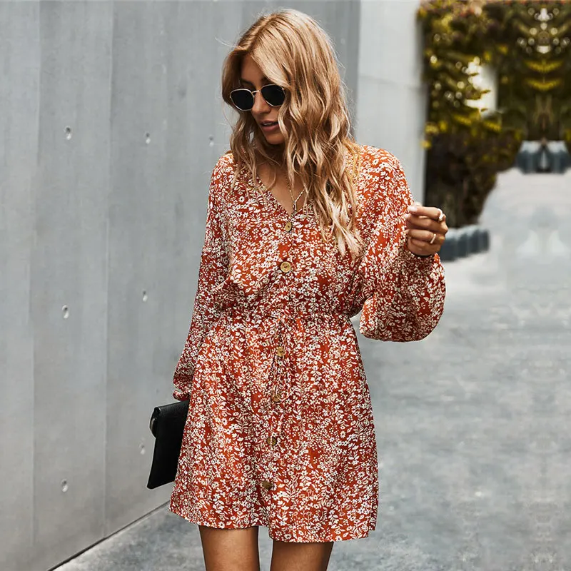 

2020 New Lace Up Button Print Dress Women Autumn Winter V Neck Full Sleeve High Waist Dress Female Office Lady