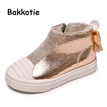 Bakkotie/; Осенняя повседневная обувь для маленьких девочек; модная детская дышащая обувь с бантом; высокие кроссовки; серебристая спортивная обувь для малышей