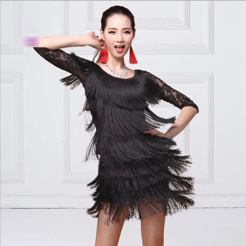 black long sleeve Латинское танцевальное платье для взрослых, новинка года, европейский стиль, для детей, для женщин, Румба, Сумба, латиноамериканское с кисточками, платье для танцев, черный, красный - Цвет: black long sleeve