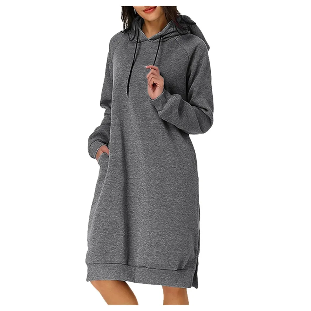 Robe hiver femme, женское платье, повседневное, одноцветное, с длинным рукавом, зимнее платье, с карманом, толстовка, с разрезом, платье, vestidos ropa mujer - Цвет: Серый