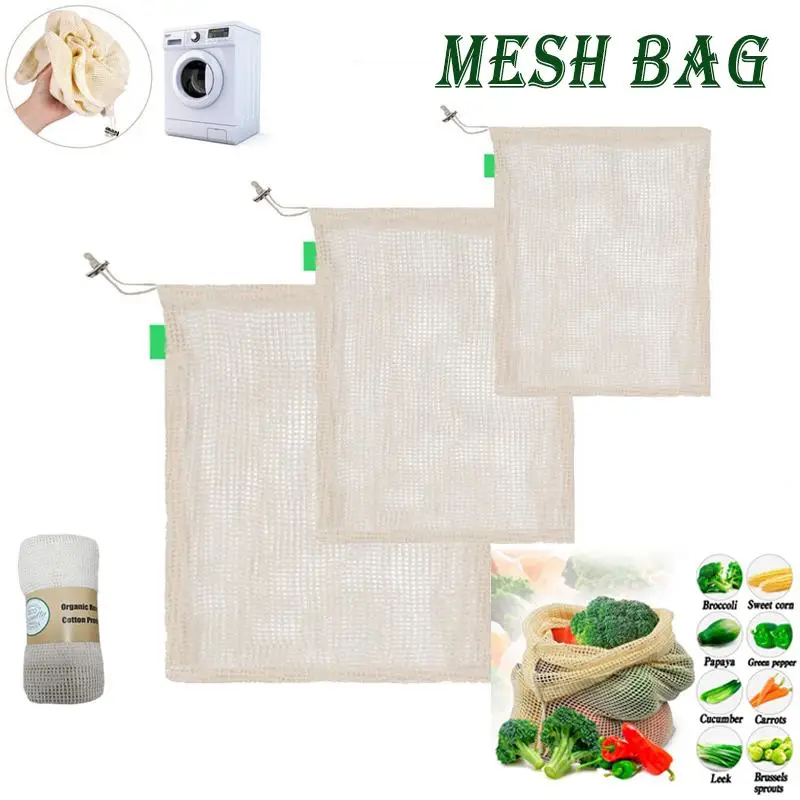 

3PCS/Set Degradable Organic Cotton Mesh Bag Vegetable Fruit Cotton Mesh Bag Reusable Washable Storage Drawstring Bag