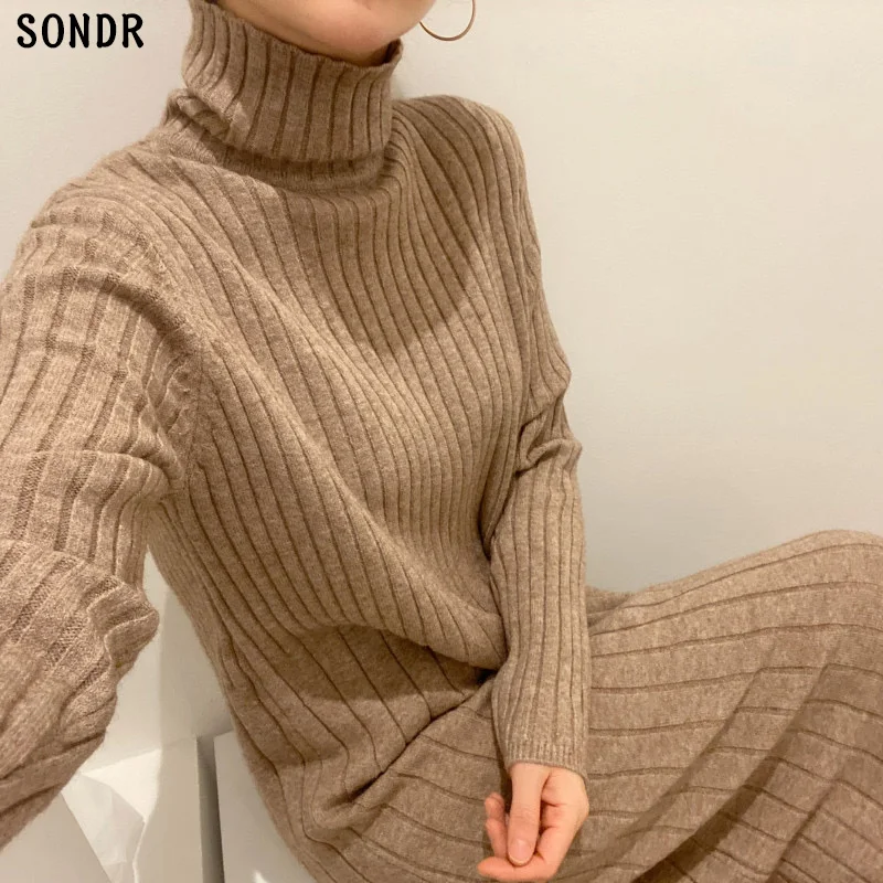

One Piece Autumn Winter Turtleneck Pullover Sweaters Dress Women Fashion Casual Bodycon Pleated Knitted Dress Woman Midi Dresses