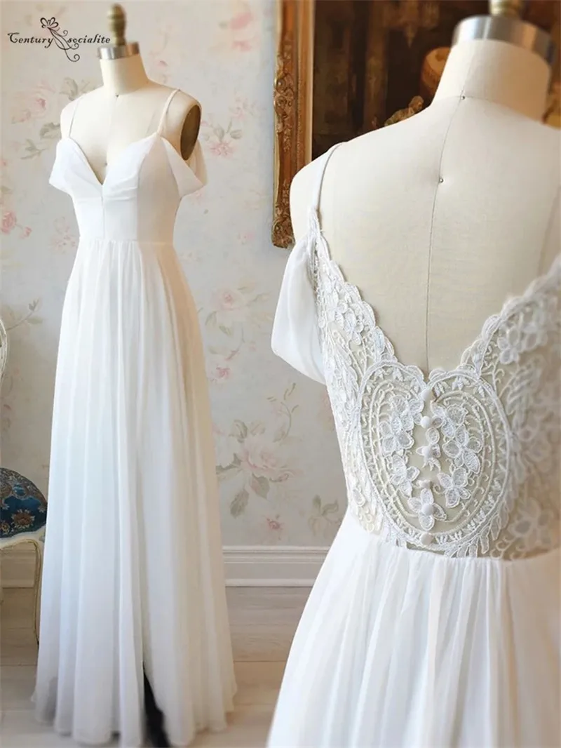 

Simple Boho Wedding Dresses Lace A-Line Off Shoulder Chiffon Bride Dress Beach Bridal Gowns Vestido De Noiva Cheap