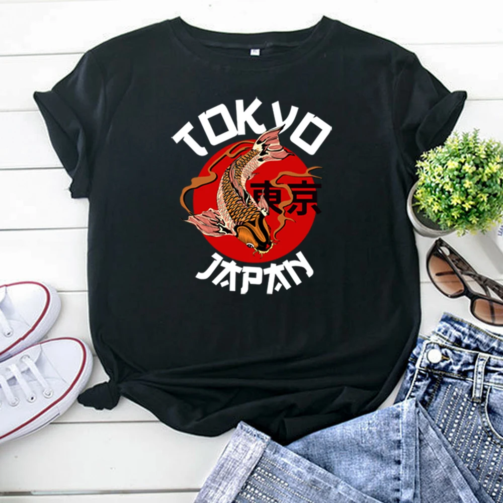 Woman T Shirt Japanese Tokyo Koi Printing T Shirt For Women'S Vintage Oversized Woman Clothing Gothic Round Neck Women T-Shirt