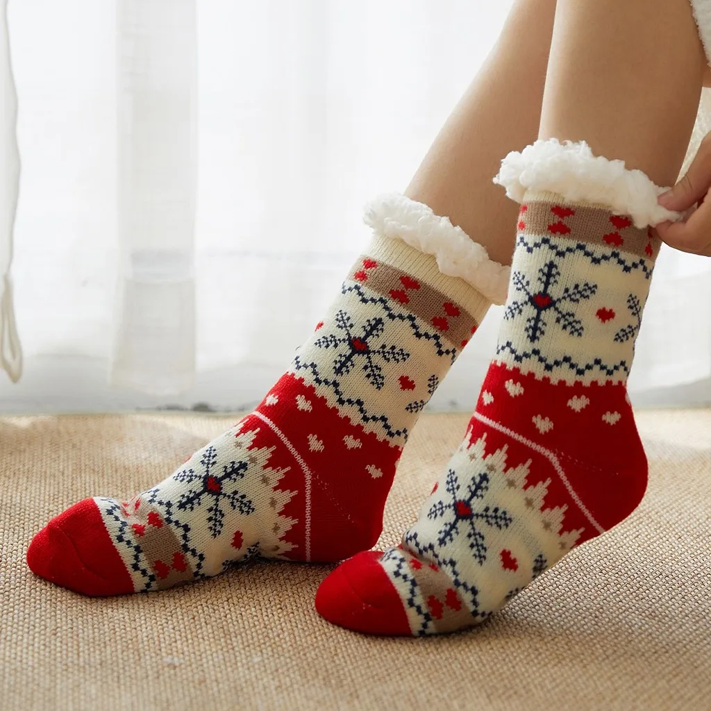 Женские зимние рождественские носки, хлопковые плотные Нескользящие теплые флисовые Носки с принтом, женские забавные носки в стиле Харадзюку, уличная одежда