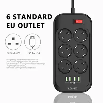 

2m 2500W-10A 250V 17W 3.4A 4-port USB Fast Charging Home Outlet 6 EU Plug Power Strip Switch Smart Charging EU Plug Sockets
