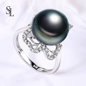 

SL 925 Sterling Silver Jewelry Fine Freshwater Big Pearl Ring Round Romantic White Flowers