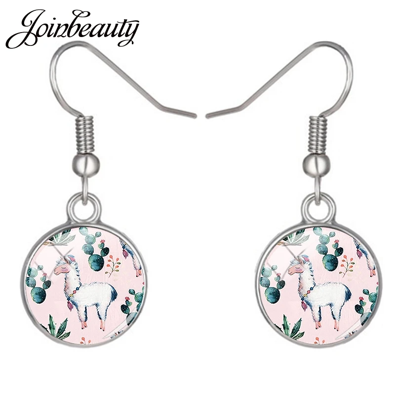 

JOINBEAUTY Lovely Alpaca Drop Earrings Cartoon Animal Printed Glass Cabochon Pendant Earrings For Women Statement Earrings YT33
