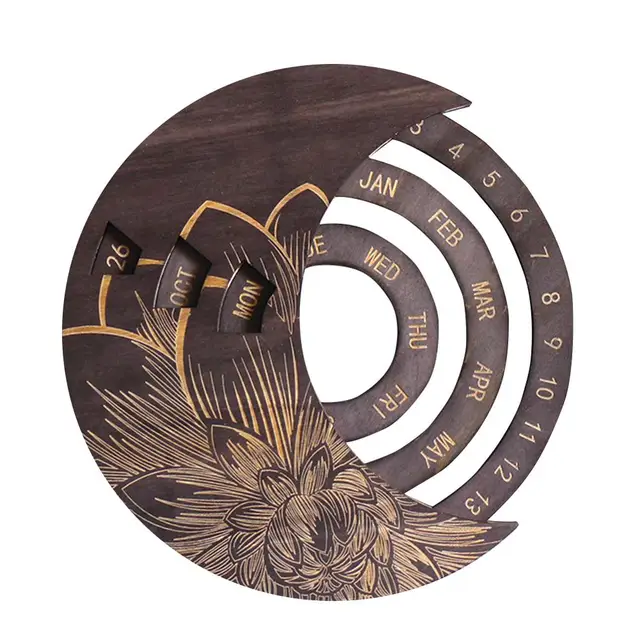 Wooden Round Turntable Calendar Creative Wooden Wall Calendar Wall Hanging Crafts Desktop Decorative Classic Gift Auburn