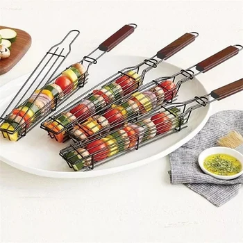 

Stainless Steel BBQ Kabob Grilling Basket Portable Nonstick Reusable Wooden Handle Barbecue Grill Grid Basket Mesh Skewers Tool