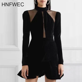 

Australian French fishtail autumn and winter velvet dress patbo mesh sexy hollow slim long-sleeve black party dress Y596