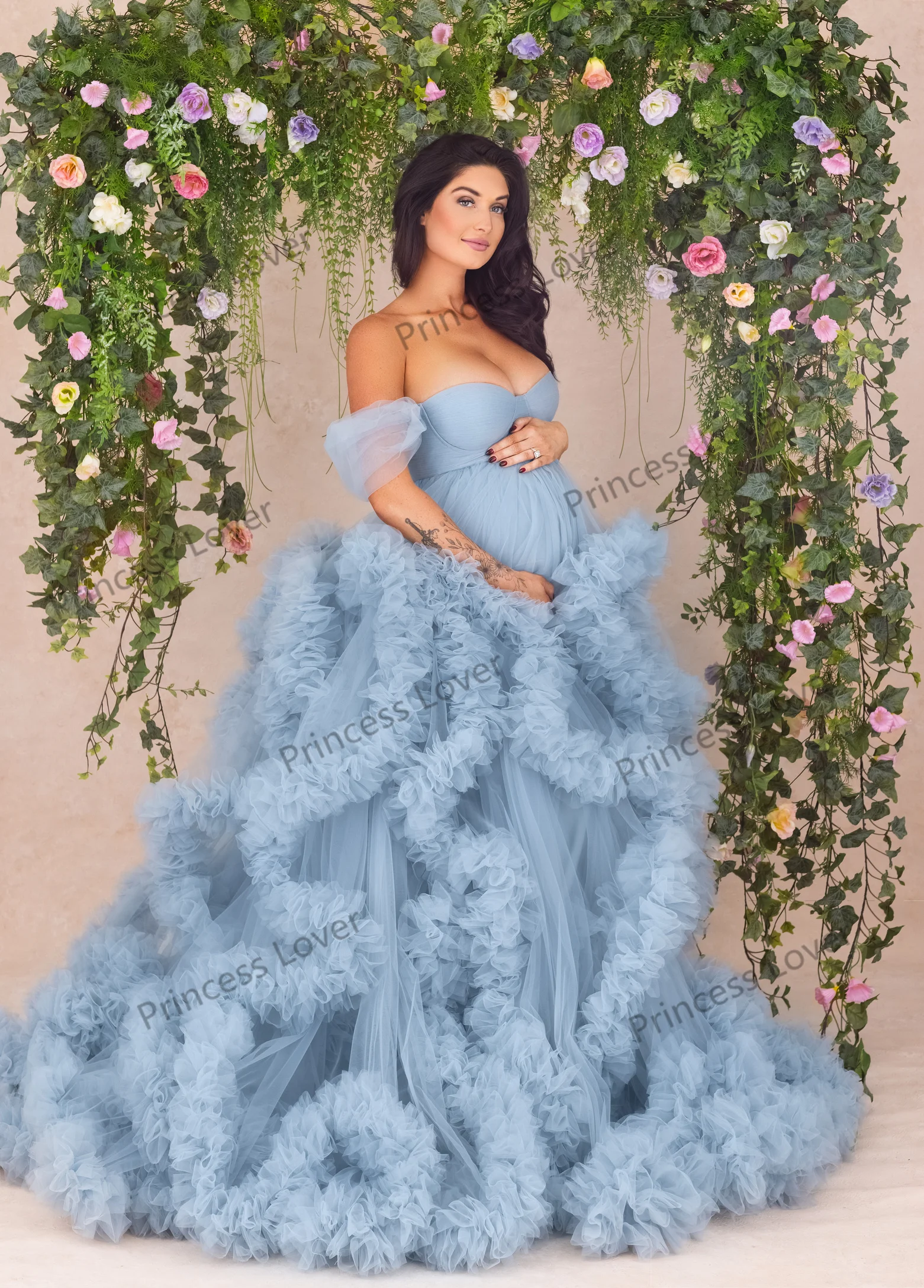 Light Sky Blue Women Tiered Ruffles Prom Dresses Evening Gown Front Split Flowy Tulle Dress Pregnant Woman Photography