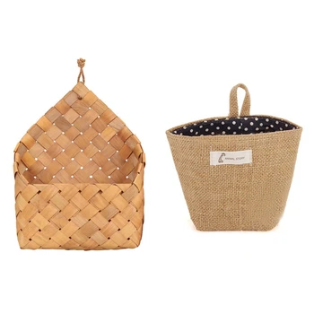 

2 Pcs Garden Hand-Woven Wood Basket Weaving Storage Basket Fruit and Vegetable Basket, Brown & Blue Point