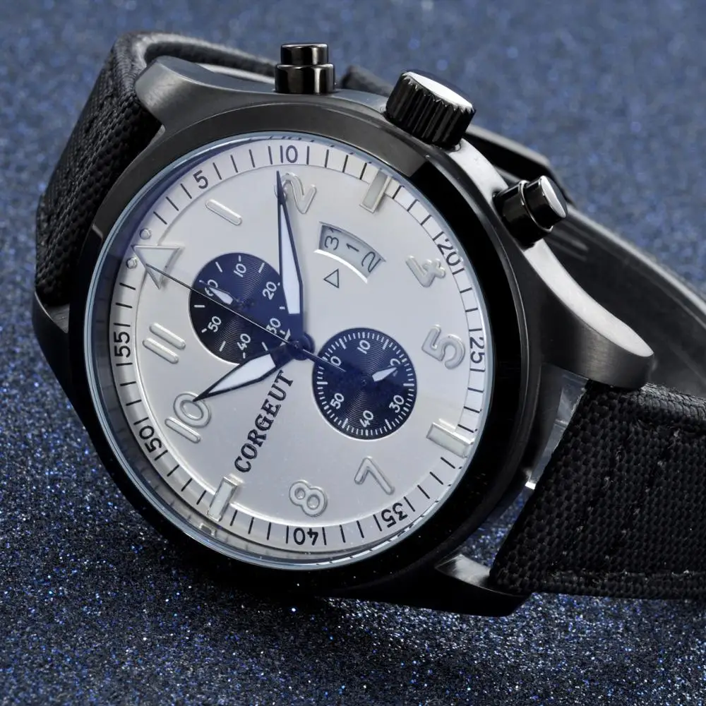 

Corgeut 46mm luxury black pvd Case aseptic dial fully automatic men's quartz wristwatches date waterproof men's watches