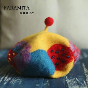 

Faramita Holiday Women Kids Gift Parents-kid Handmade Manual French Berets Painter Hats Contrast Color Wool Felt Beret Hat Caps