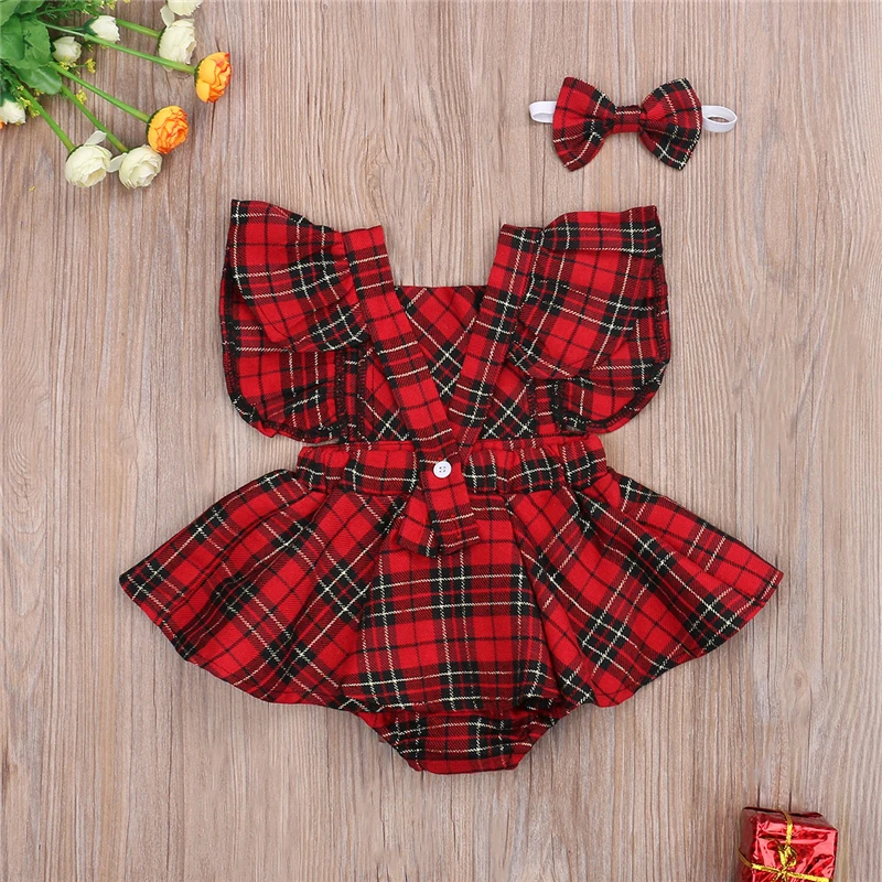 

Newborn Baby Girls Red Plaid Romper Dress Headband Outfits Infant Baby Girl Fly Sleeve Square Collar Backless Romper Dress Sets