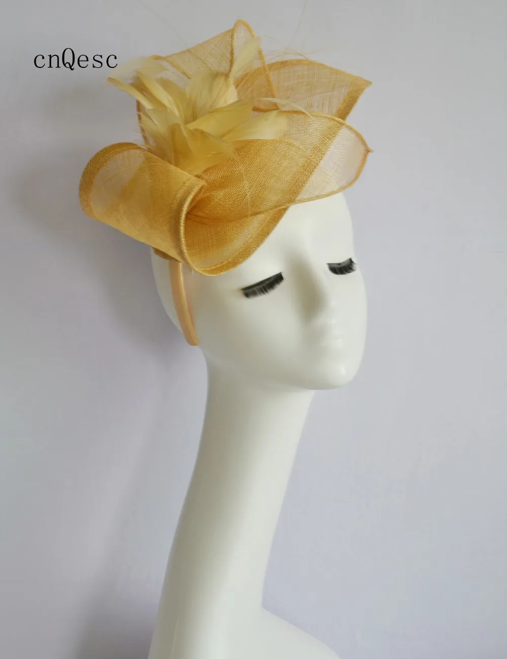 Champagne gold Ladies formal dress hat Sinamay hat feather flower fascinator wedding hat