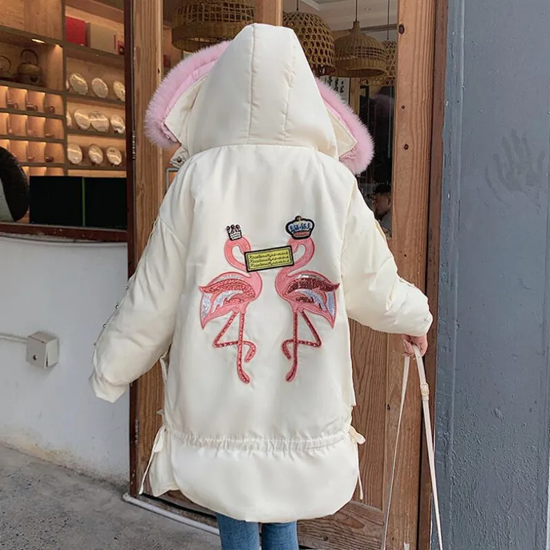 

2019 new down jacket female long section thick flamingo embroidery fox fur collar large size fashion white duck down jacket