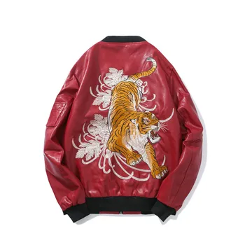 

Autumn Mens Leather Jacket Sukajan Japanese Embroidered Beast Tiger Bomber Jacket Male PU Imitation leather Outwear