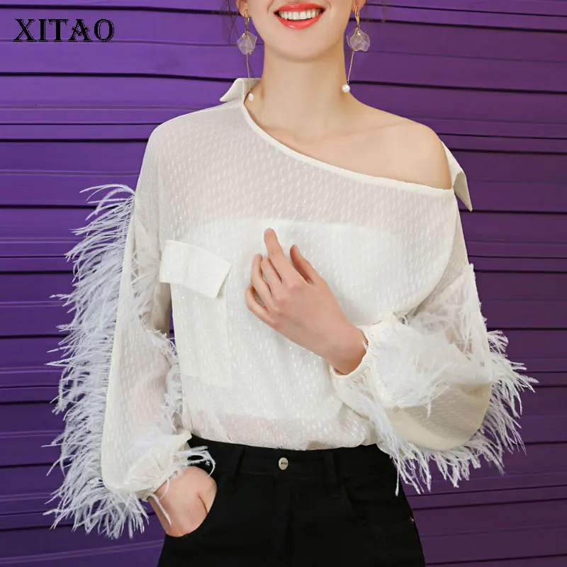 

XITAO 2020 Early Spring New Sexy Off-the-shoulder Shirt Fashion Perspective Womens Tops and Blouses Feather Sleeve ZLL4914