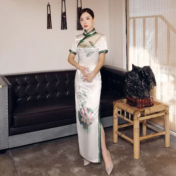 

Plus Size 5XL Spring Women Classic Cheongsam Evening Dress Short Sleeve Stage Show Printed Lotus Rhinestone Qipao Plus Size 5XL