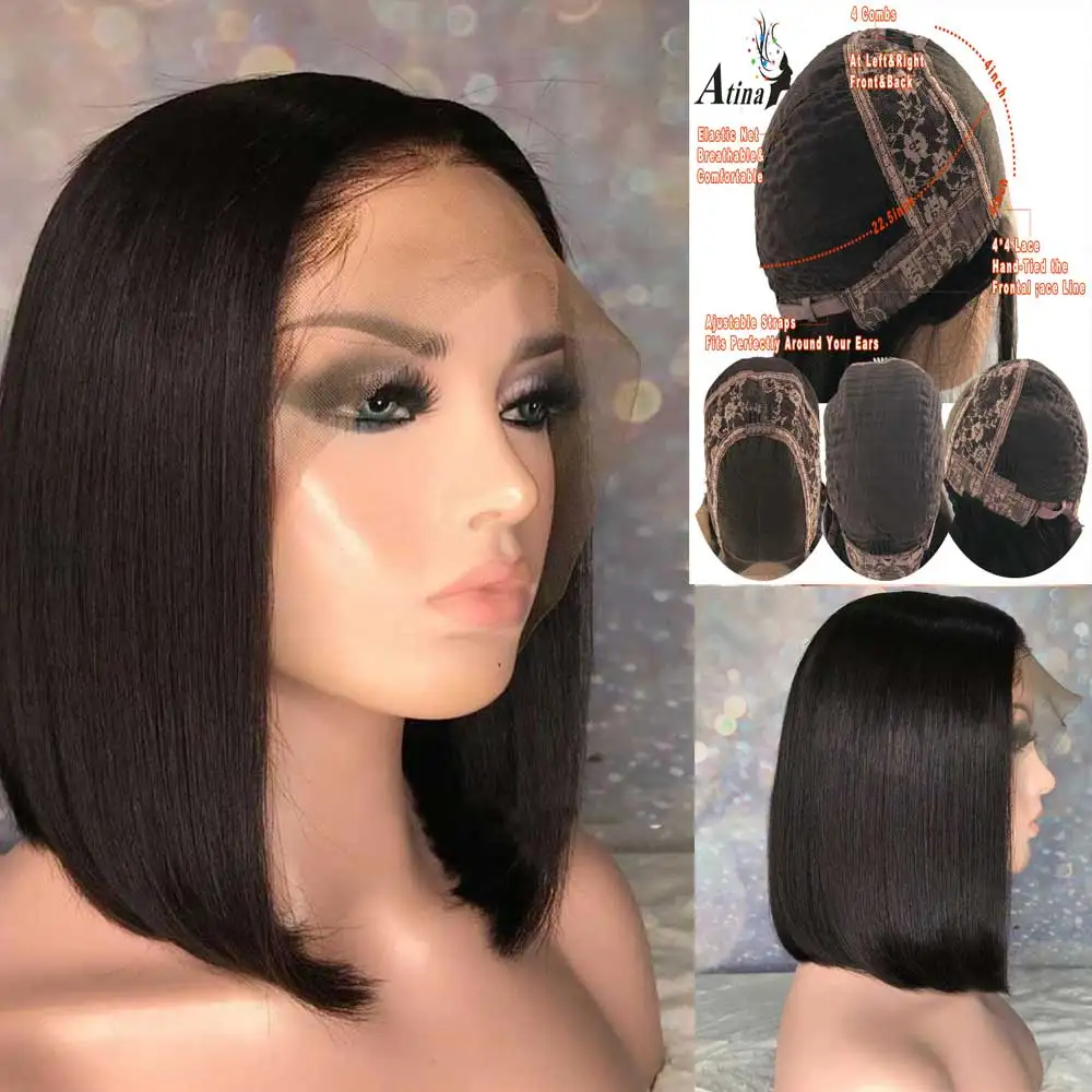 

Atina 150 Density Short Straight Bob Human Hair Wigs Pre Plucked Remy 4X4 Lace Front Closure Wig With Baby Hair For Black Women