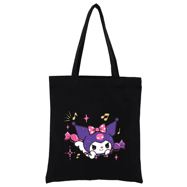 Little Black Bunny Cat Rock Reusable Shopping Bag Women Canvas Tote Bags Printing Eco Bag Cartoon Shopper Shoulder Bags Black T323-W