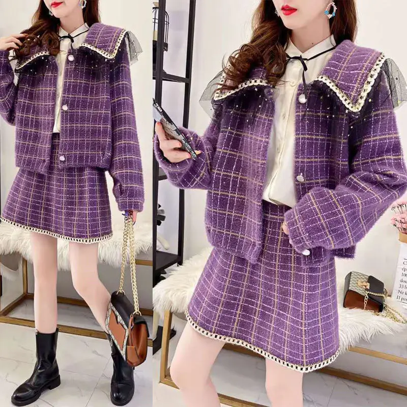 

Women 2020 Spring Autumn Vintage Plaid 2 Piece Set Female Long Sleeve Single Breasted Short Coat + A-Line Mini Skirt Suits G1881