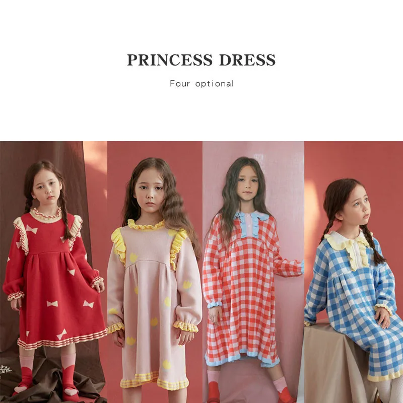 Rona Jane/Детские зимние вязаные платья для девочек; красивое теплое платье-пачка в Корейском стиле; цвет розовый, красный; платье-свитер в клетку с галстуком-бабочкой