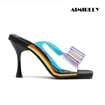 

Women's Square Toe High Heels Slipper Sandals Bow Dazzling PVC Slides Shoes Ladies Summer Casual Mules Slip On