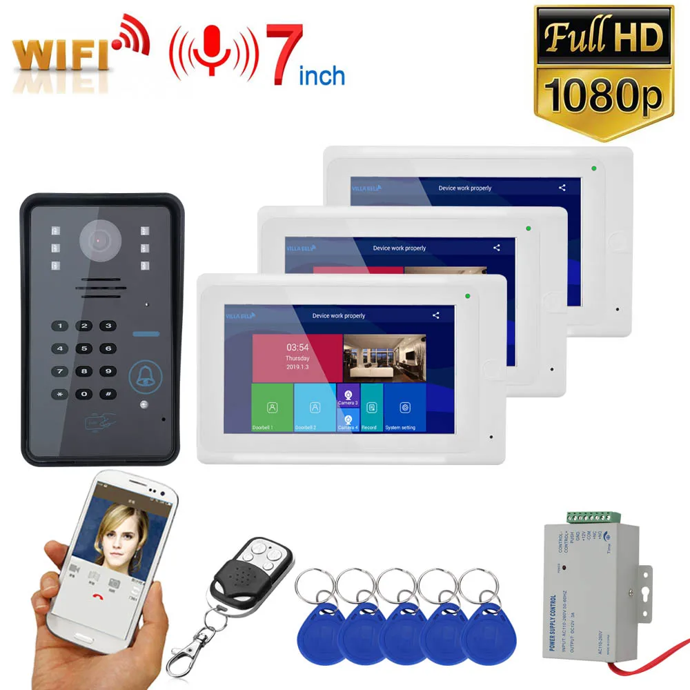 7 дюймовые Беспроводной wi-fi RFID пароль видео-телефон двери дверной звонок домофон Системы с проводной IR-CUT 1080P проводной камер - Цвет: 703W706WGLD13