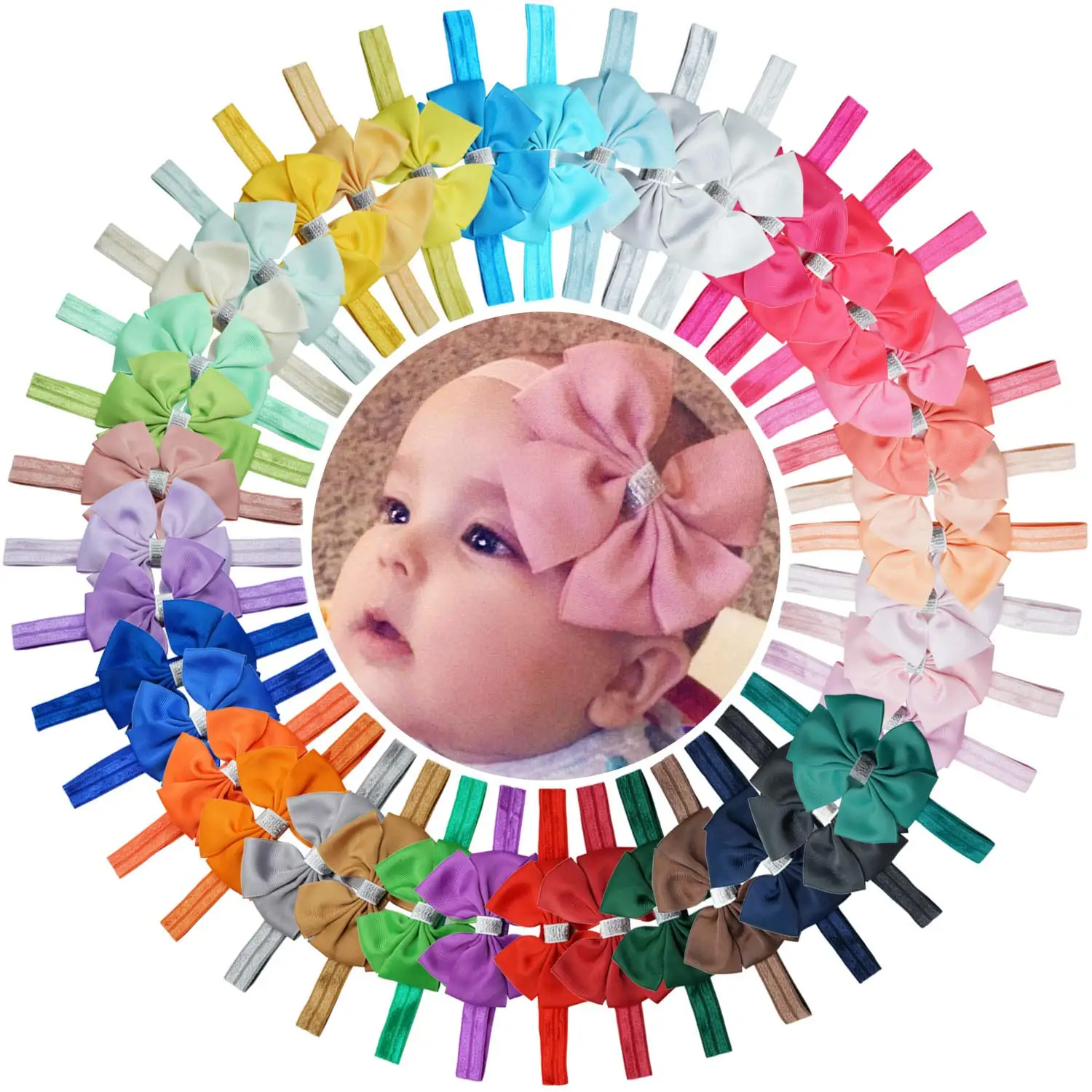 40 Pcs 4 Inch Hair Bows Headbands Grosgrain Ribbon Baby Hair Bow Nylon Headband for Baby Girl Newborn Infant and Toddler