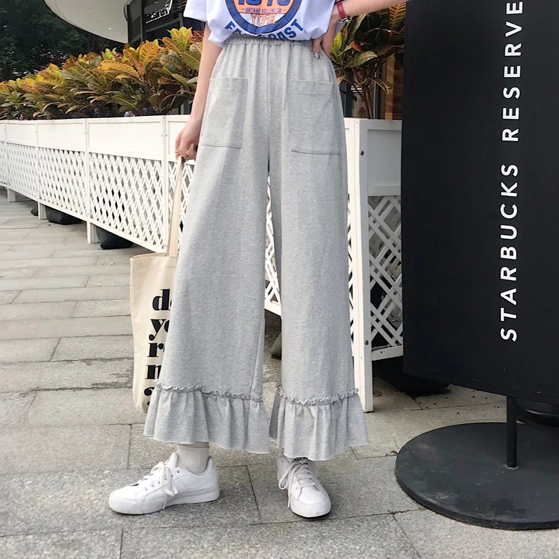 Pantalones mujer cintura alta эластичный пояс, карманы с оборками, однотонные плиссированные широкие брюки с высокой талией, брюки свободного покроя