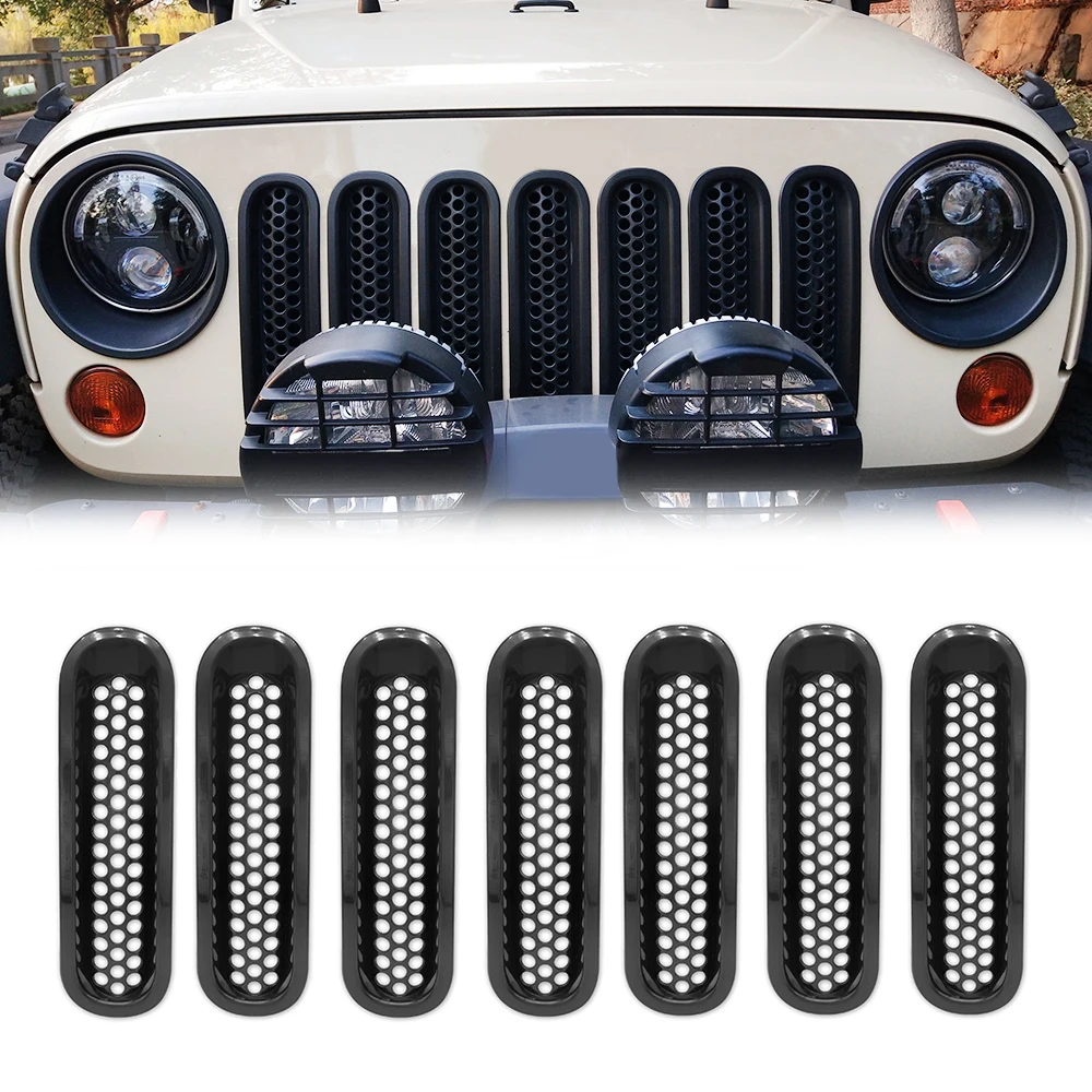 7 Pcs / Set Front Grill Mesh Inserts Jeep Wrangler Accessories, Clipin